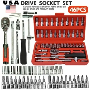 46Pcs Car Repair Tool Kit 1/4-Inch Socket Sets Car Repair Tool Ratchet Torque Wrench Combo Auto Repairing Sets Mechanic Tool