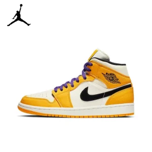 Original Air Jordan 1 Mid ‘Lakers’ Yellow and Purple For Men Retro Classic Basketball Sneakers Shoes 852542-700