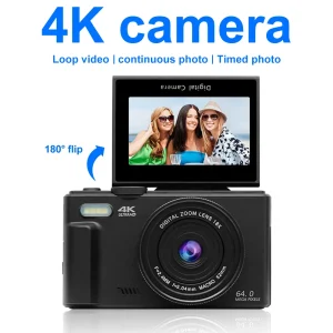 4K Digital Camera for Photography and 18X Digital Zoom Camera 64MP Compact Vlogging Camera 3” 180° Flip Screen with Flash