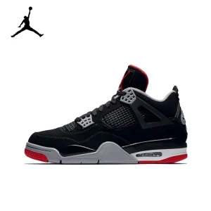 Original Air Jordan 4 Retro Bred Bull Anti-Slip Wear-resistant Retro Basketball Shoes Black and Red Men’s Shoes