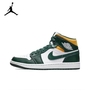 Original Air Jordan 1 Mid Seattle Supersonics High Top Retro Basketball Shoes Men’s White Green Yellow Sneakers 554724-371