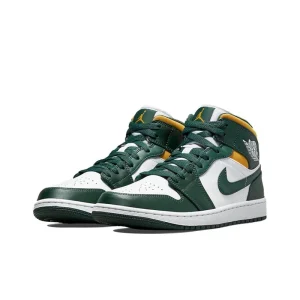 Original Air Jordan 1 Mid Seattle Supersonics High Top Retro Basketball Shoes Men’s White Green Yellow Sneakers 554724-371