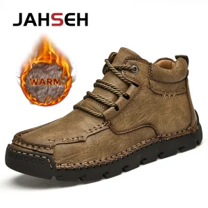 JAHSEH New Leather Winter Men Boots With Fur Ankle Boots Men Leisure Keep Warm Western Boots Men Casual Sneakers Plus Size 48