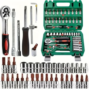 53 PC Drive Socket Set Metric Hex Bit Socket Set Ratchet Wrench Set with S2 & CR-V Sockets Mechanic Tool Kits for Auto Household