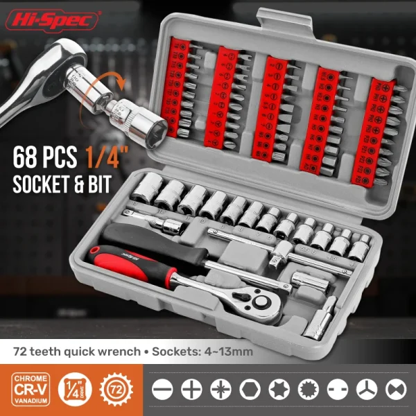 Hi-Spec 68PCS 1/4-inch Socket Wrench Set Hand Tool Sets Car Repair Tool Kit Mechanical Tools Box Socket Ratchet Screwdriver Bits - Image 4