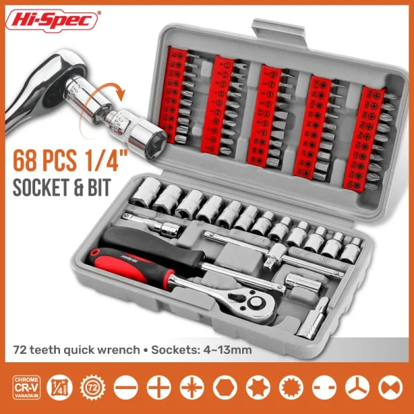 Hi-Spec 68PCS 1/4-inch Socket Wrench Set Hand Tool Sets Car Repair Tool Kit Mechanical Tools Box Socket Ratchet Screwdriver Bits - Image 3