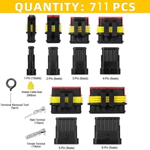 711 piece, 43 piece waterproof automobile wire connector with ratchet crimper, 1/2/3/4/5/6 pin connector with wire crimping tool