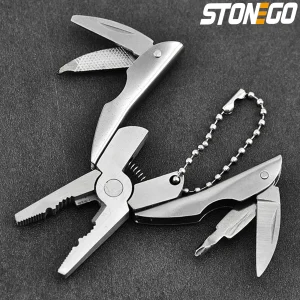 STONEGO 1PC Mini Plier Keychain Multitool Plier – Wire Cutter, Phillips Screwdriver, Knife, File & Flat Screwdriver