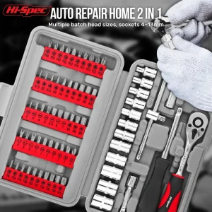 Hi-Spec 68PCS 1/4-inch Socket Wrench Set Hand Tool Sets Car Repair Tool Kit Mechanical Tools Box Socket Ratchet Screwdriver Bits