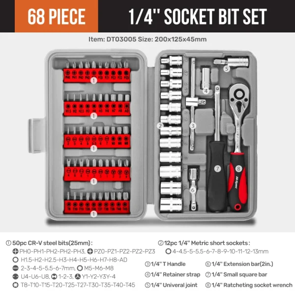 Hi-Spec 68PCS 1/4-inch Socket Wrench Set Hand Tool Sets Car Repair Tool Kit Mechanical Tools Box Socket Ratchet Screwdriver Bits - Image 6