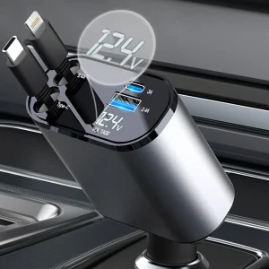 Retractable Car Charger, 4 in 1 Fast Charging Car Charger 120W, Retractable Cable and 2 USB Ports Car Charger Adapter Compatible